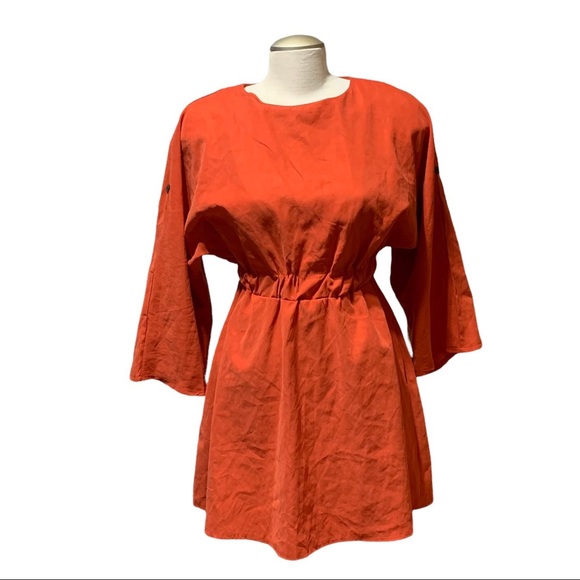 Orange Elasticized Waistband Rolled Up Sleeves Mini Dress Small - Picture 2 of 7